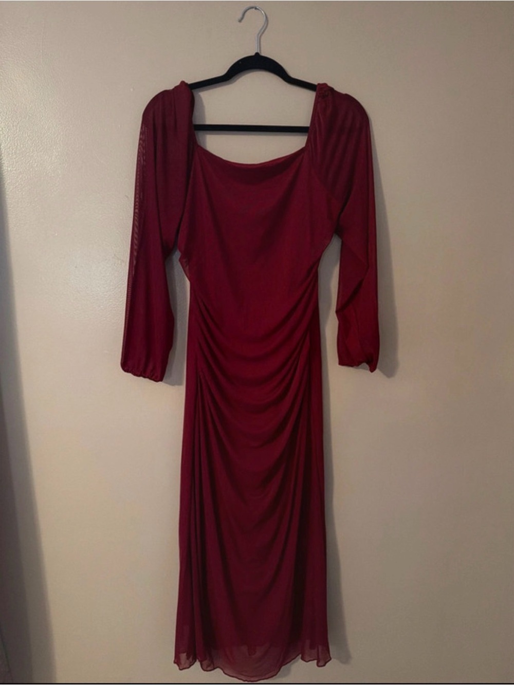Amazon Burgundy Long Sleeve Ruched Midi Dress